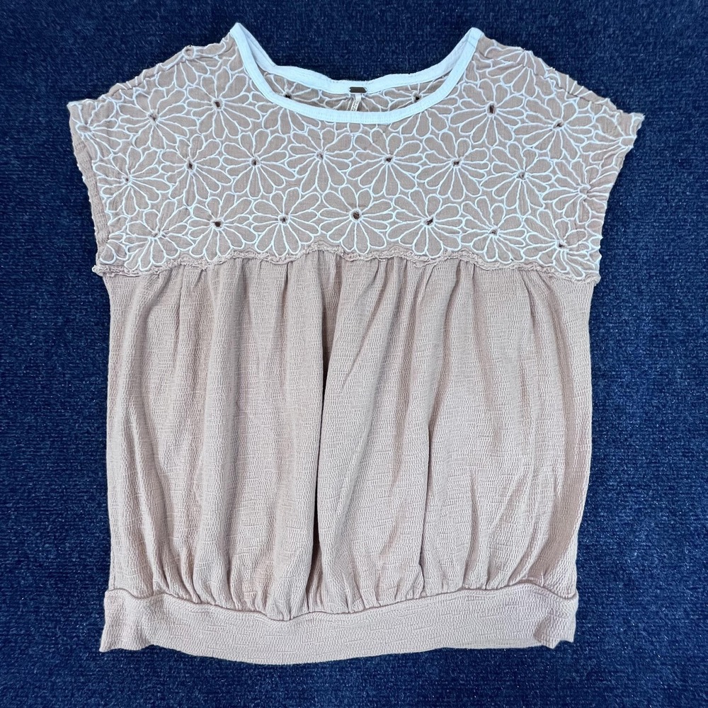 Free People Sweater Womens Small Embroidered Crochet Lace Boho Short Sleeve Top